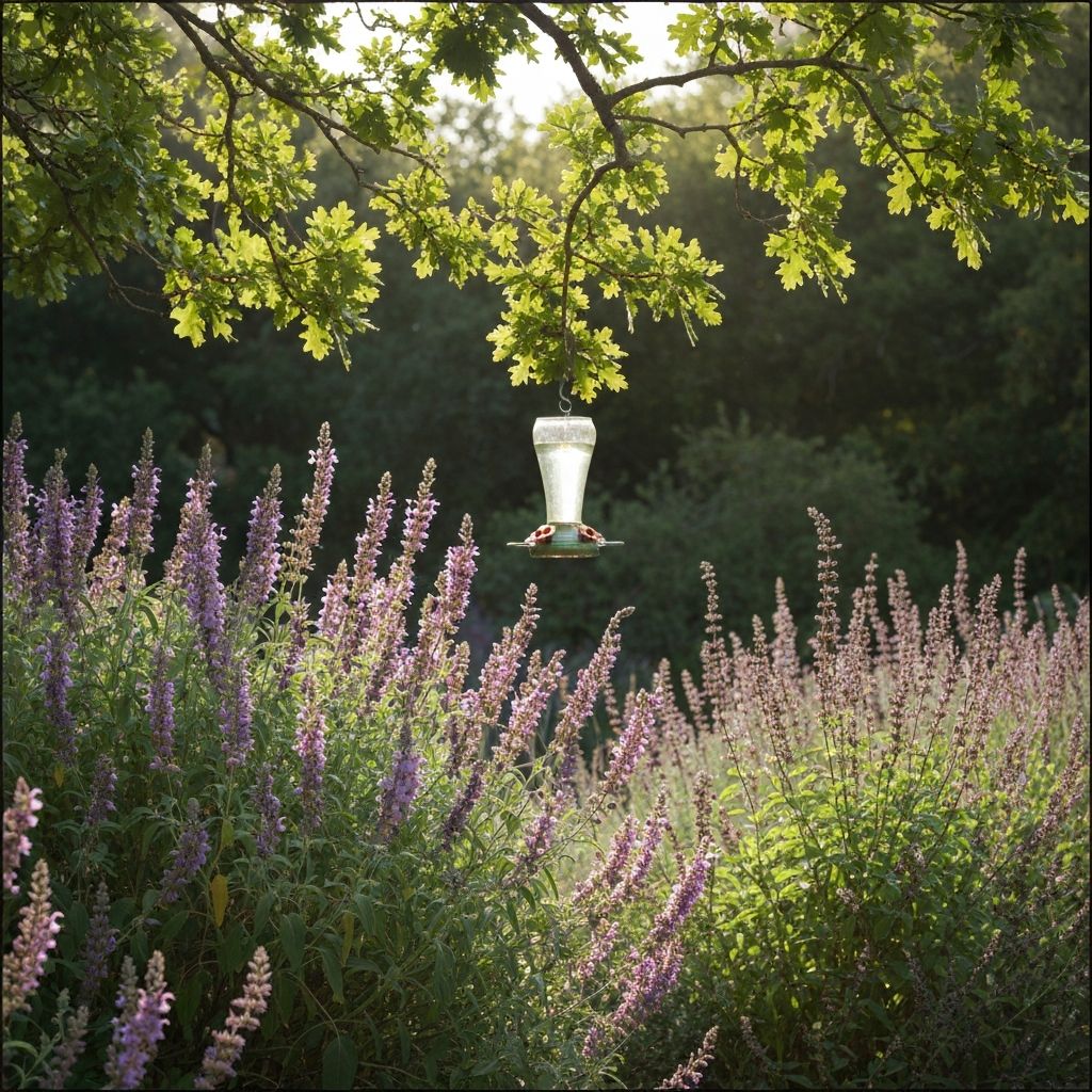 A native California garden with sage and fuchsia in bloom, a feeder hanging from an oak