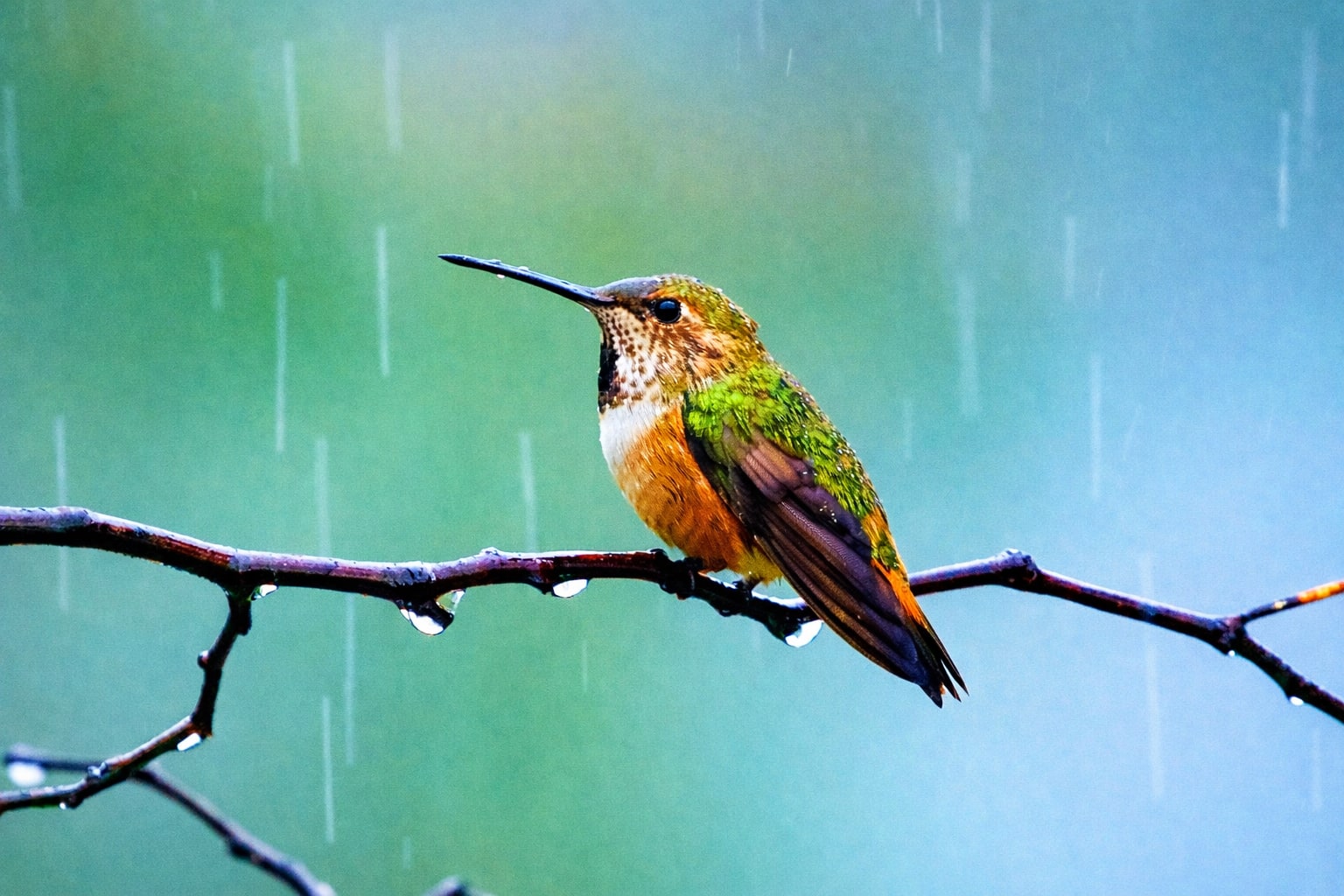 An Anna's Hummingbird hovering at a feeder, iridescent throat catching the light